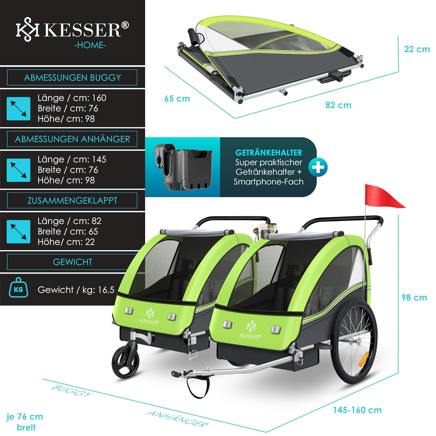 KESSER® Fietsaanhanger - Kinderaanhanger - Max. 40kg - Groen