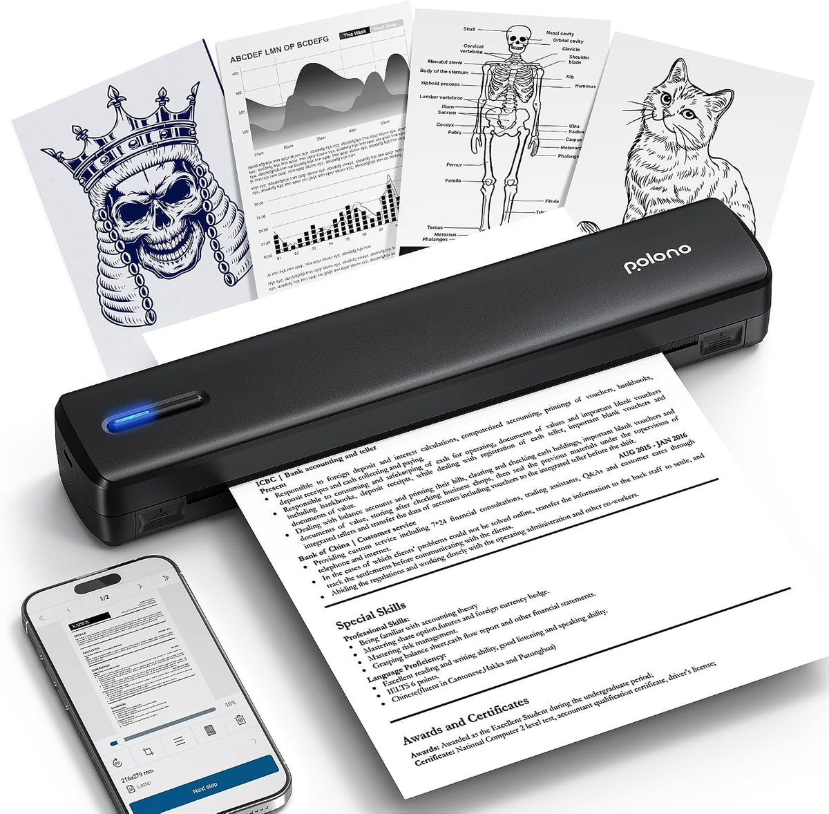 POLONO Draadloze thermische printer, A4-formaat, smart AI app, mobiele A4-printer voor reizen, 21,5 x 28,5 cm, Amerikaanse brief, draagbare printer compatibel met iOS, Android, laptop voor kantoor