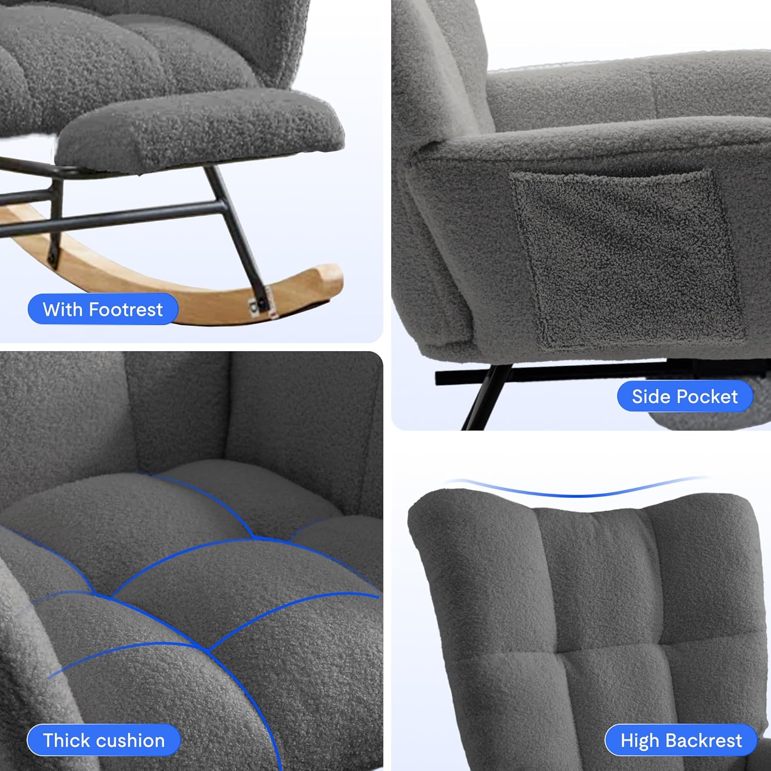 Schommelstoel - Fauteuil met armleuning - Relaxfauteuil - Relaxstoel - Grijs - FLEXISPOT