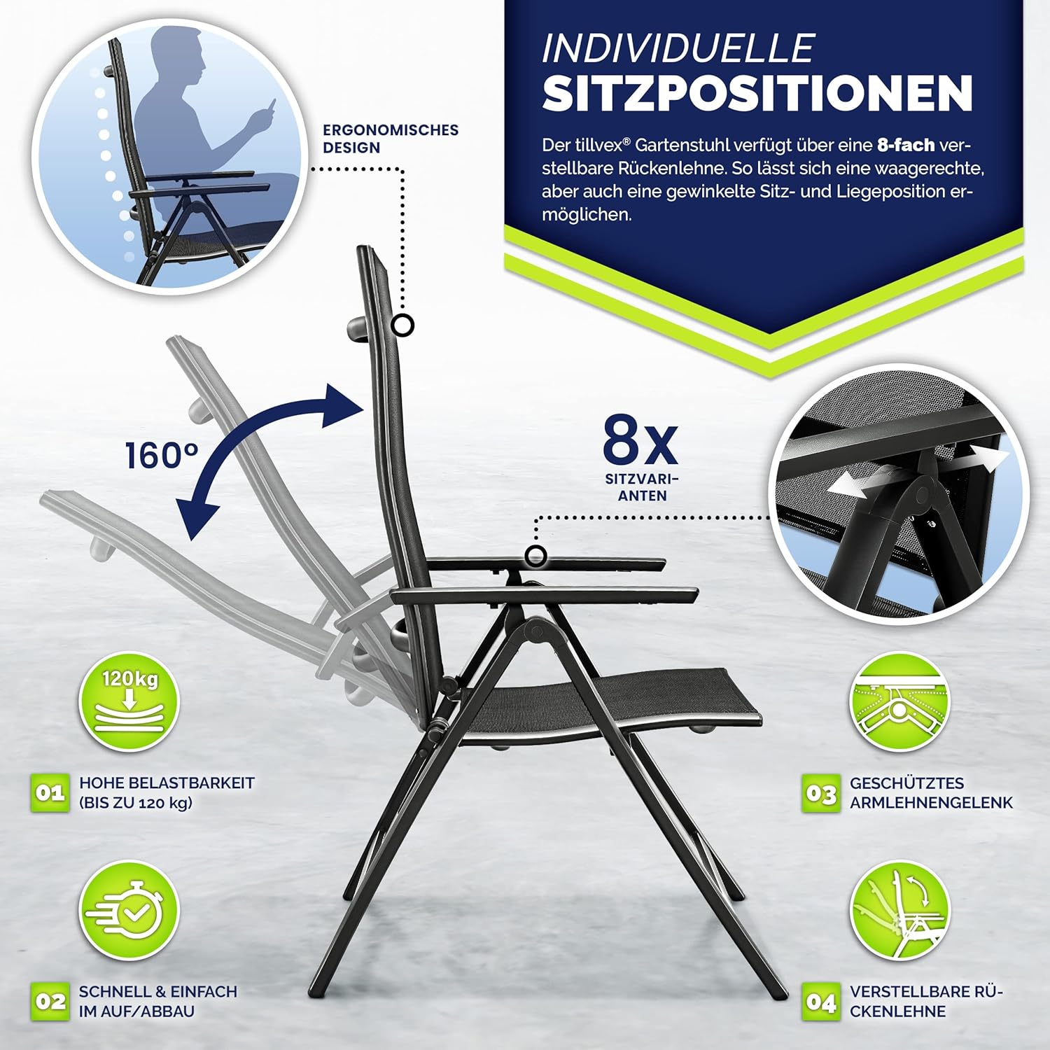 Tuinstoel - Ligstoel - Verstelbaar - Opvouwbaar - Antraciet - Tillvex®