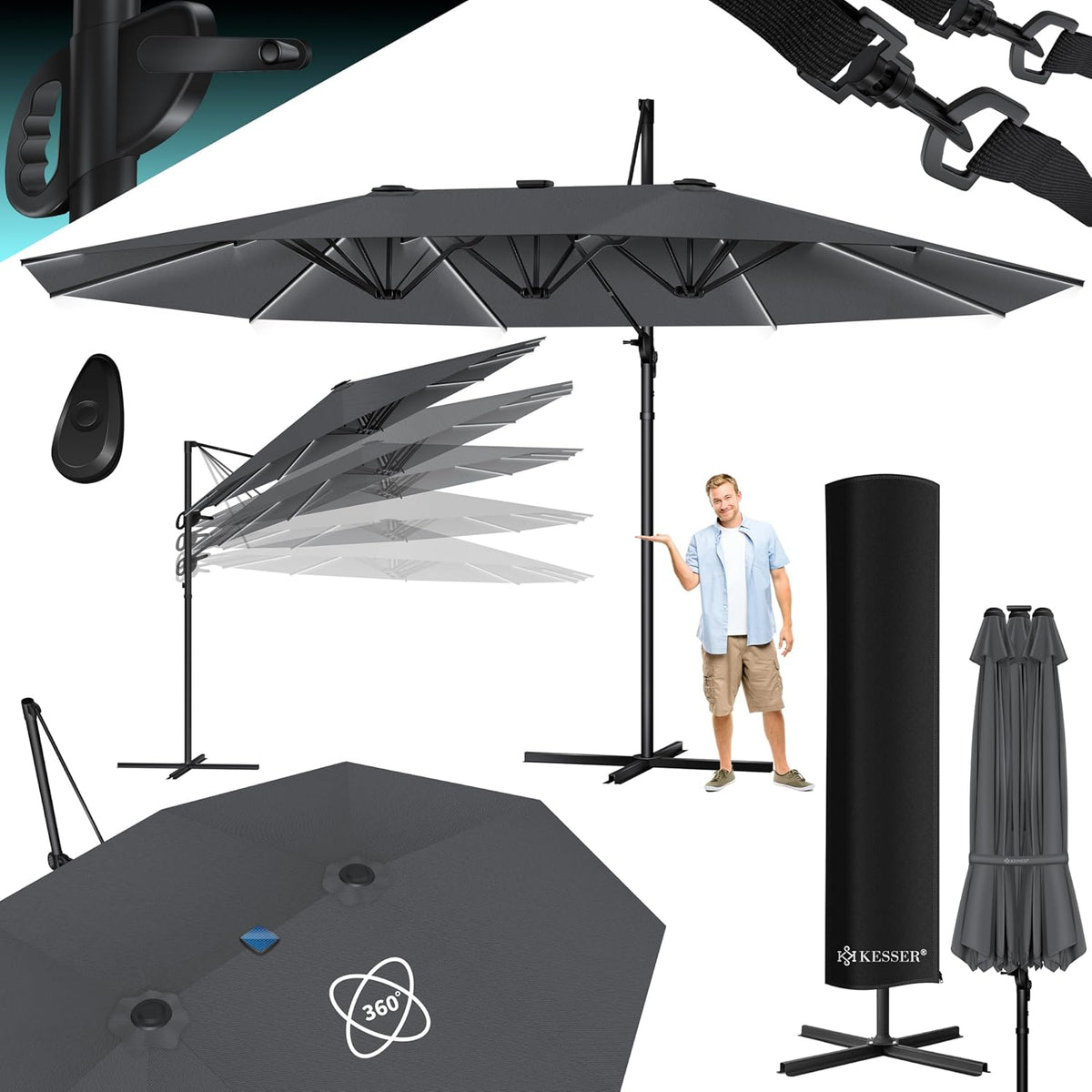 KESSER® LED Parasol - 4,6mx2,7m - Zweefparasol - Draaibaar - Antraciet