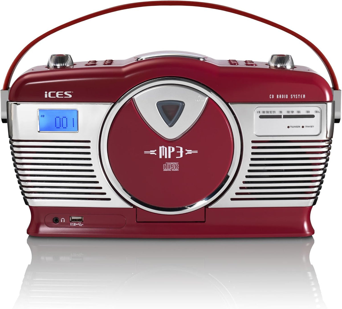 iCES ISCD-33 draagbare retro radio met cd/mp3-speler (USB) rood
