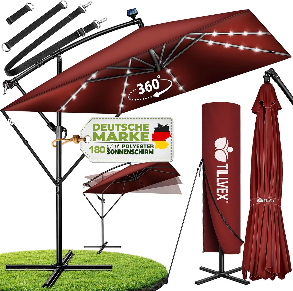 Zweefparasol - Tuinparasol - Parasol 330 cm - Met voet - Met Parasolhoes - Rood - Tillvex
