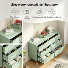 UEV Commode met 6 laden, 100 x 34 x 73 cm, opbergkast voor kleding, documenten, speelgoed, veel opbergruimte, dressoir, smal voor woonkamer, slaapkamer, kantelbeveiliging, eenvoudige montage (groen)