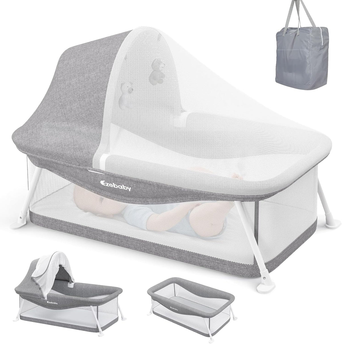 Ezebaby Kinderreisbed, babybed, klein, inklapbaar, uitgerust met opbergtas, muggennet en speelgoed, geschikt voor baby's van 0-5 maanden, grijs