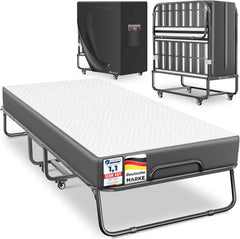 KESSER® Opklapbed, logeerbed, inclusief matras van traagschuim & wieltjes, opvouwbaar reisbed met metalen frame, belastbaar tot 250 kg, metalen bed met schuimrubberen matras & cover