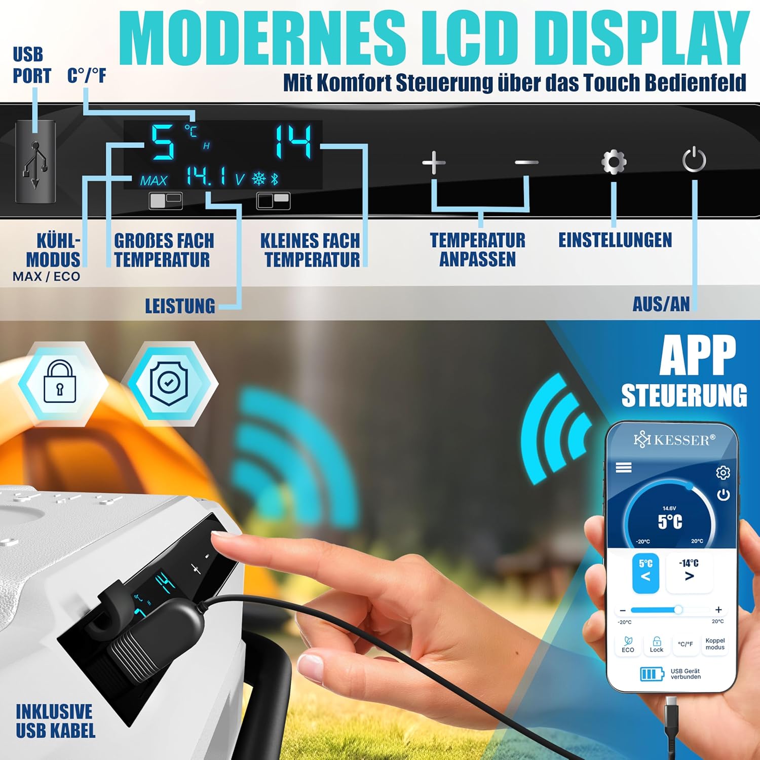 KESSER® Compressorkoelbox, elektrisch, 51 liter, campingvriesbox met led-touch, met app-besturing en koelaccu, USB-aansluiting, 12/24 V, 230 V, koelkastkoeling tot -20 °C, voor auto, vrachtwagen, wit