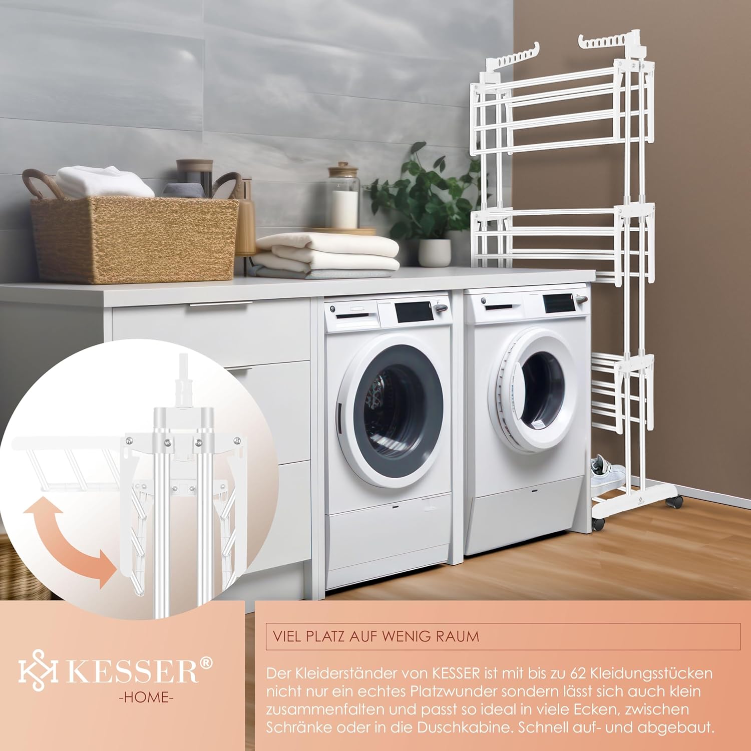 KESSER® Droogrek met wielen, ruimtebesparende wasdroger voor binnen en buiten, 4 etages, 2 draaibare zijvleugels en 6 inklapbare niveaus, staande droogtoren, inklapbaar, incl. klemmen