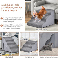 COSTWAY Hondentrap, 5 + 3 treden, antislip hondentrede, schuim, 30+20 kg belastbaar, huisdiertrap voor honden en katten, afneembaar, hondentrap voor bank, bed, wasbare hoes, grijs