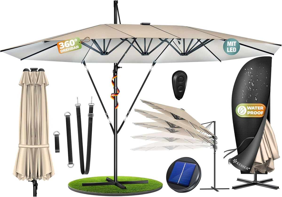 Zweefparasol - Tuinparasol - Parasol - 4,6x2,7 m - Met voet - Met Parasolhoes - Beige - KESSER