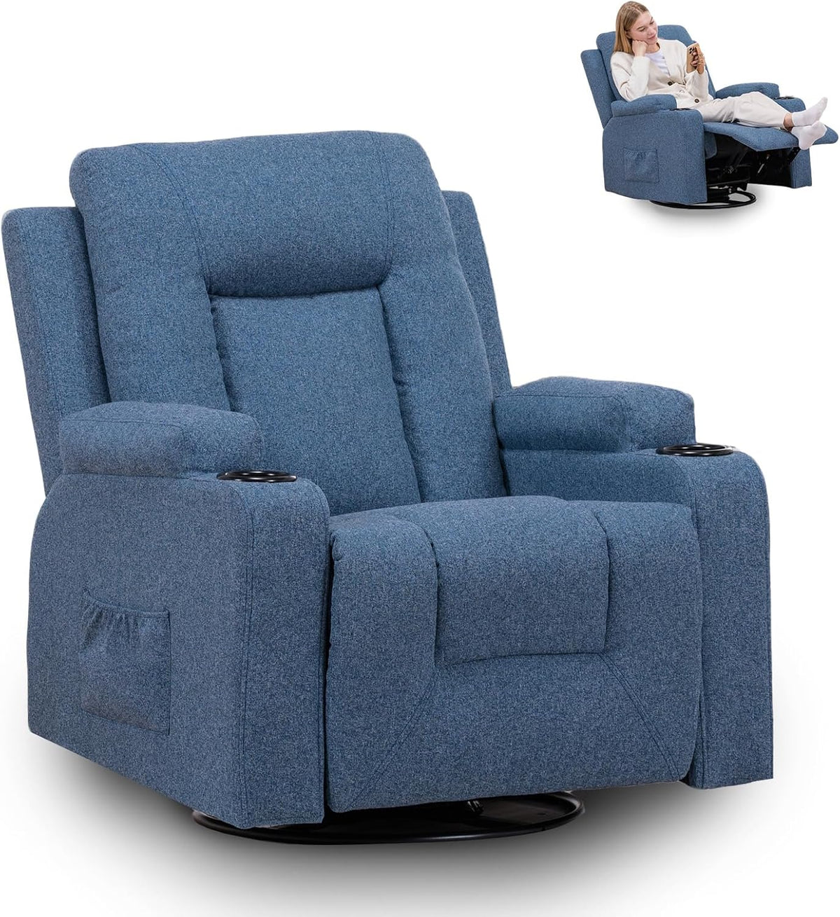 GTPLAYER Relaxstoel, televisiestoel met ligfunctie, 360° borstvoedingsstoel met schommelfunctie, tv-stoel woonkamer met bekerhouders en zijvak, leesstoel voor slaapkamer, stof, blauw