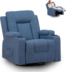 GTPLAYER Relaxstoel, televisiestoel met ligfunctie, 360° borstvoedingsstoel met schommelfunctie, tv-stoel woonkamer met bekerhouders en zijvak, leesstoel voor slaapkamer, stof, blauw