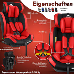 KIDIZ® Autokinderzitje met Isofix, groep 1 + 2 + 3, 9-36 kg, 5-punts veiligheidsgordel, autostoel, kinderzitje, verstelbare hoofdsteun, meegroeiende zitverhoging, 1-12 jaar, stabiel en veilig