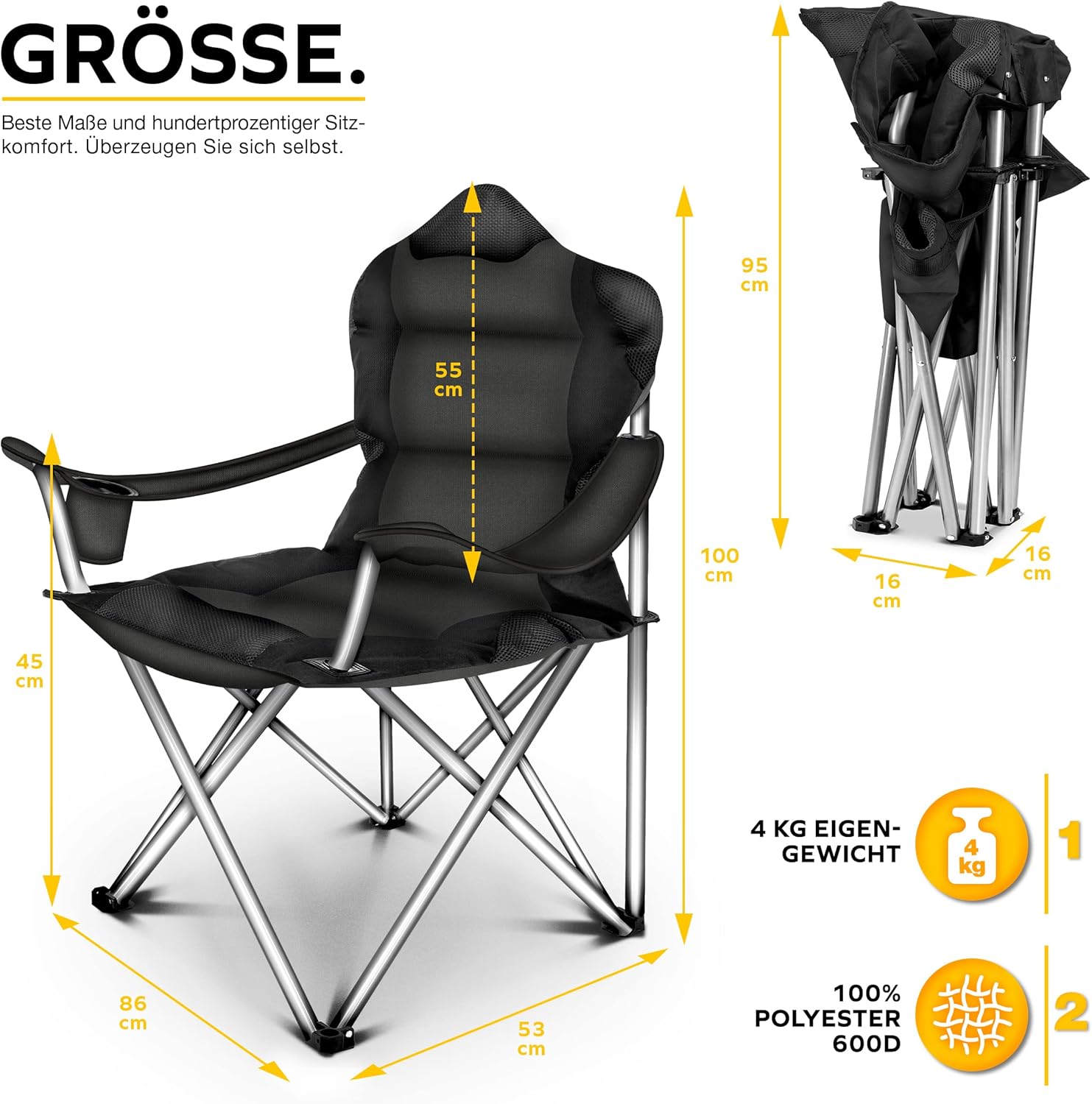 Tresko Opvouwbare campingstoel, belastbaar tot 150 kg, met armleuningen en bekerhouder, zwart