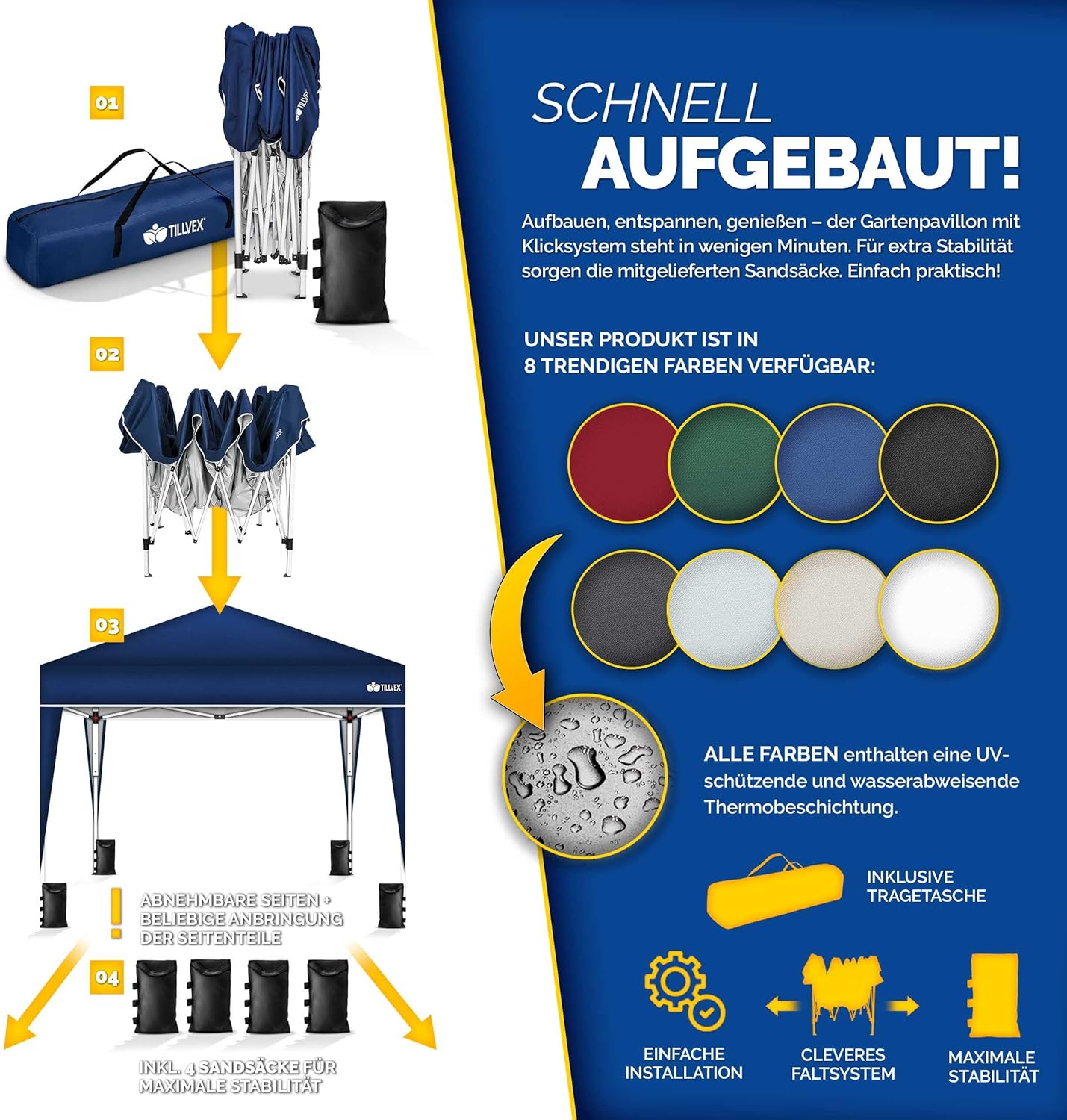 Tillvex® Partytent - 3x3m - Paviljoen - Easy Up - Blauw