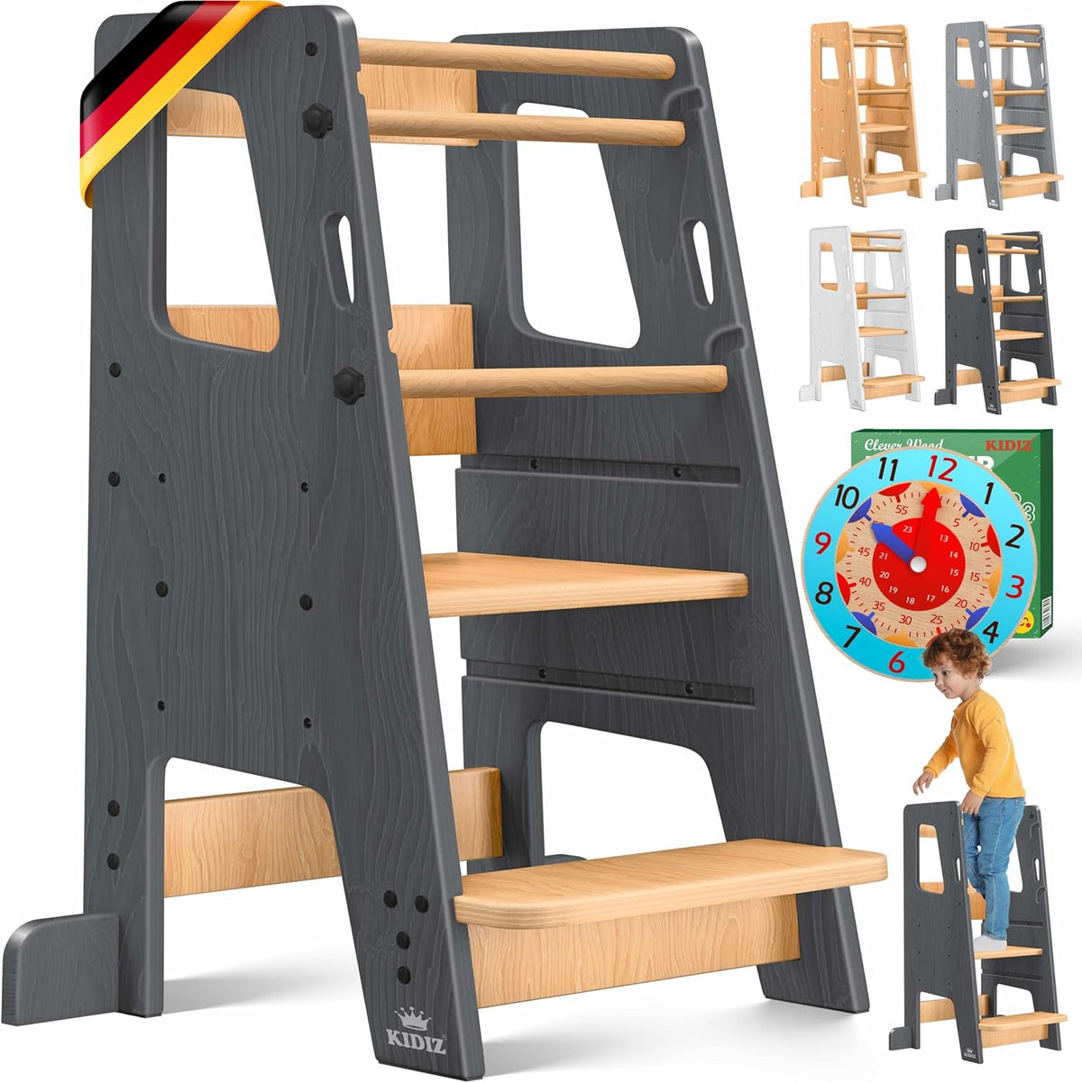 KIDIZ® Leertoren voor kinderen vanaf 1 jaar, incl. leerklok | 3-traps in hoogte verstelbare opstapkruk van grenenhout | speelse motorische vaardigheden bevorderen Montessori leertoren tot 50 kg
