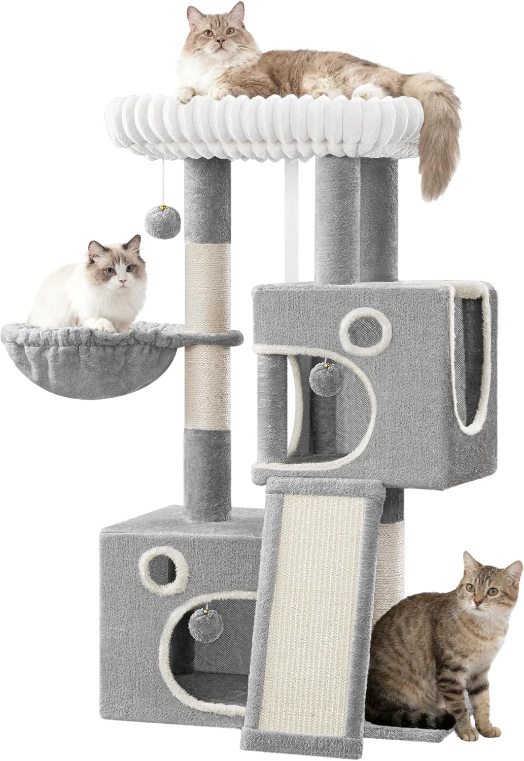 Hzuaneri MS10118LG Krabpaal, 98 cm kleine kattenboom, ruim en stabiel, met zacht groot platform, pluche ballen, holletjes, krabzuilen, kattenkrabplank, lichtgrijs
