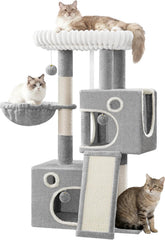 Hzuaneri MS10118LG Krabpaal, 98 cm kleine kattenboom, ruim en stabiel, met zacht groot platform, pluche ballen, holletjes, krabzuilen, kattenkrabplank, lichtgrijs