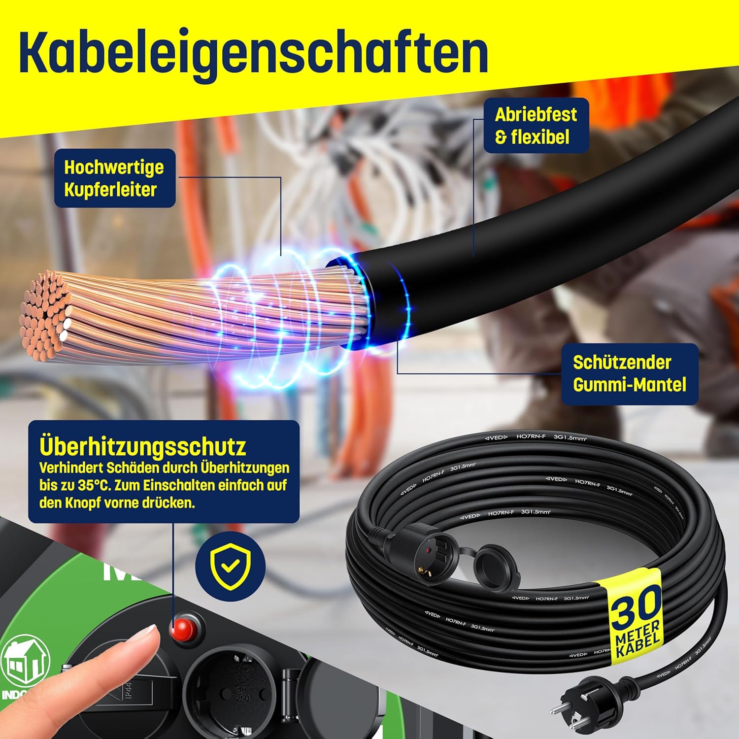 Masko® Kabelhaspel 20 m, verlengkabel met geaarde stopcontacten en wikkelgreep, outdoor kabelhaspel thermobescherming, apparaattrommel IP44, 1000 W ~ 3000 W, inclusief draaggreep en