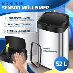 KESSER® Sensor vuilnisemmer keuken 52 L | Automatische met bewegingssensor afvalemmer & soft-close deksel | vuilnisbak met touch bedieningspaneel & sensor | LCD-display | roestvrij staal | incl.