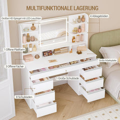 Hzuaneri Grote make-uptafel met ledverlichting, 3 kleuren, helderheidsregeling, make-uptafel met spiegel, 9 laden, 9 open planken, moderne stijl, wit-zilver DT41903W