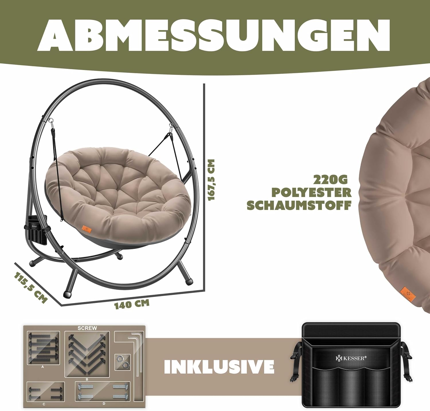 KESSER® Hangstoel met frame Bali hangschommel, hangstoel tot 150 kg, voor binnen en buiten, inclusief kussen en zijtas, hangmand, stalen frame en schuimrubberen zitkussen