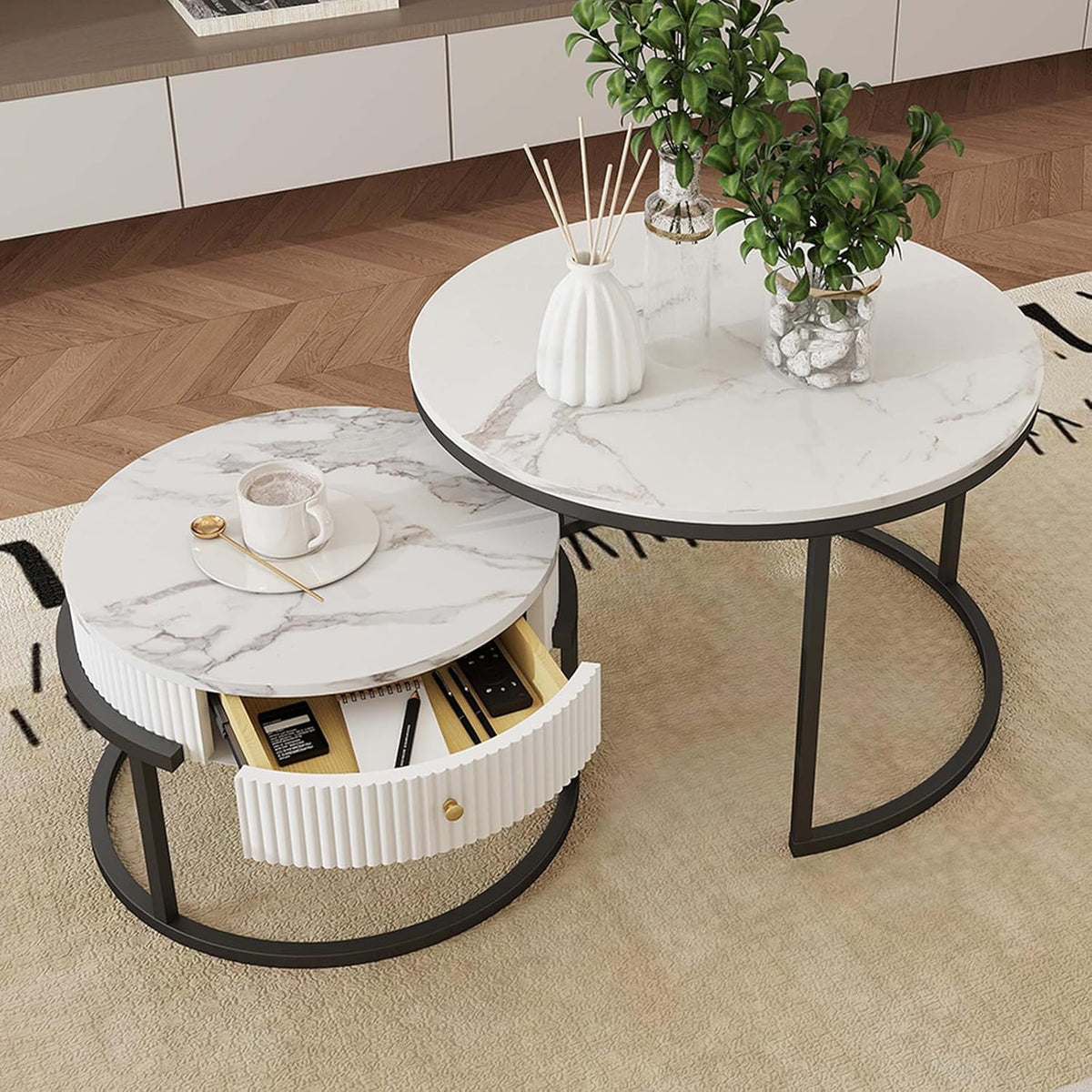 Amveya Salontafel rond met opbergruimte, salontafel set van 2, bijzettafels voor woonkamer, woonkamer tafel in marmerlook, Zwart