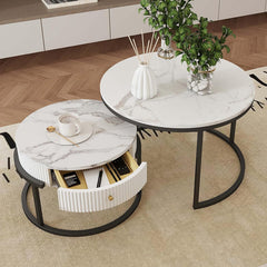 Amveya Salontafel rond met opbergruimte, salontafel set van 2, bijzettafels voor woonkamer, woonkamer tafel in marmerlook, Zwart