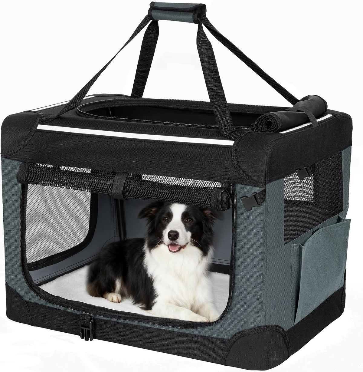 Hondenbox, opvouwbaar, met 3 deuren, 91,4 x 63,5 x 63,5 cm, grijs
