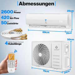 KESSER® Split airconditioning set Quick Connect – Wit - WiFi & app airconditioner met verwarmingsfunctie & koelmodus wandairconditioning, met koperen leiding 9000 BTU 2,6 kW koelmiddel R32 incl