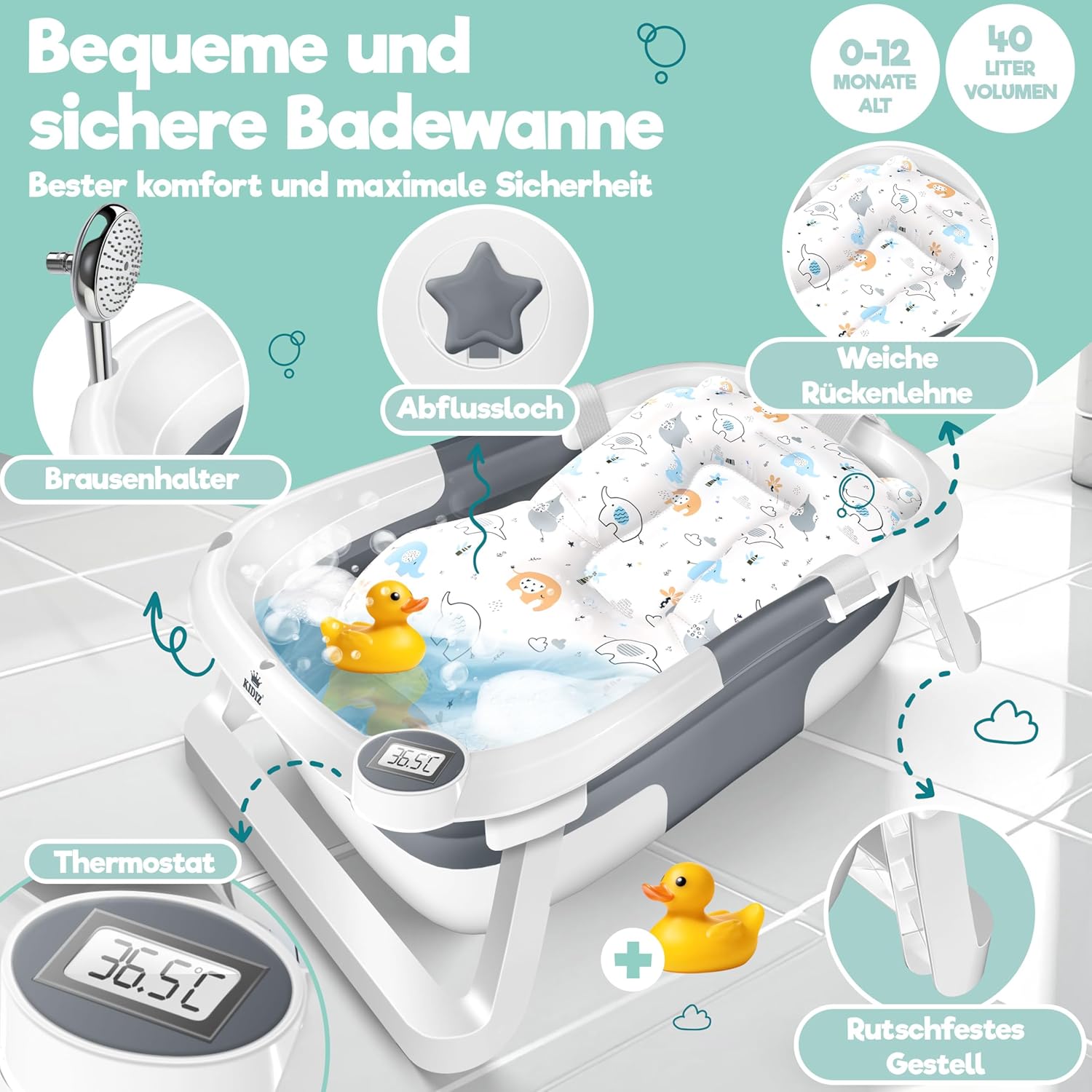 KIDIZ® Babybadje, ruimtebesparend en opvouwbaar, badje, douchebak voor pasgeborenen en peuters, 0-24 maanden, reisdouche, draagbaar, voor baby's, ergonomisch met thermostaat en kussen