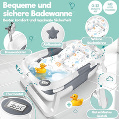 KIDIZ® Babybadje, ruimtebesparend en opvouwbaar, badje, douchebak voor pasgeborenen en peuters, 0-24 maanden, reisdouche, draagbaar, voor baby's, ergonomisch met thermostaat en kussen