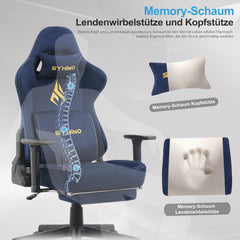 Symino Gamingstoel met latex zitkussen, 300 kg belastbaarheid, ergonomische pc-stoel met traagschuim, lendensteun en hoofdsteun, ademende bureaustoel van imitatie suède, donkerblauw
