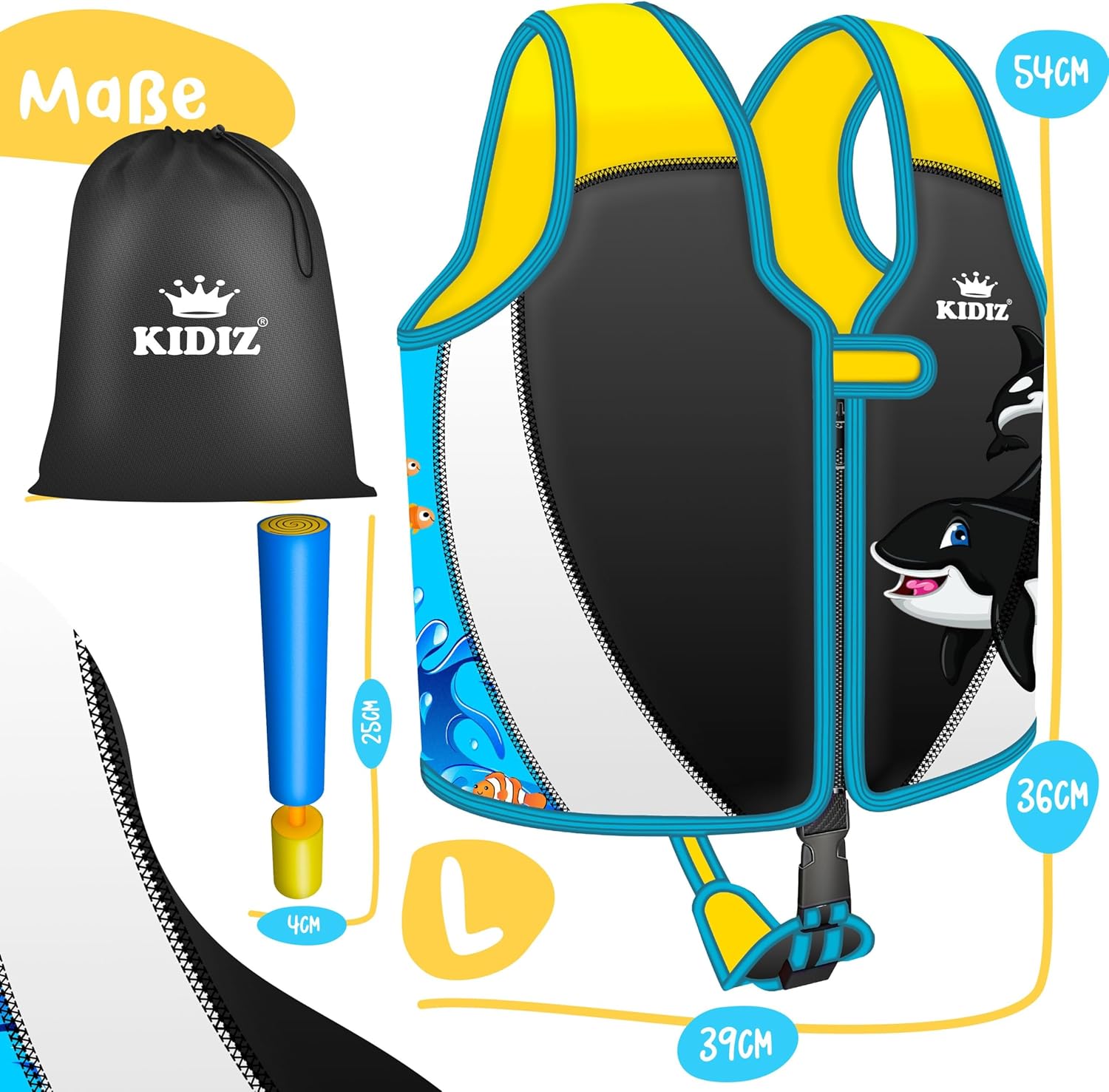 KIDIZ® Zwemvest voor kinderen - L - 5-9 jaar - Veiligheidsgordel - Antraciet