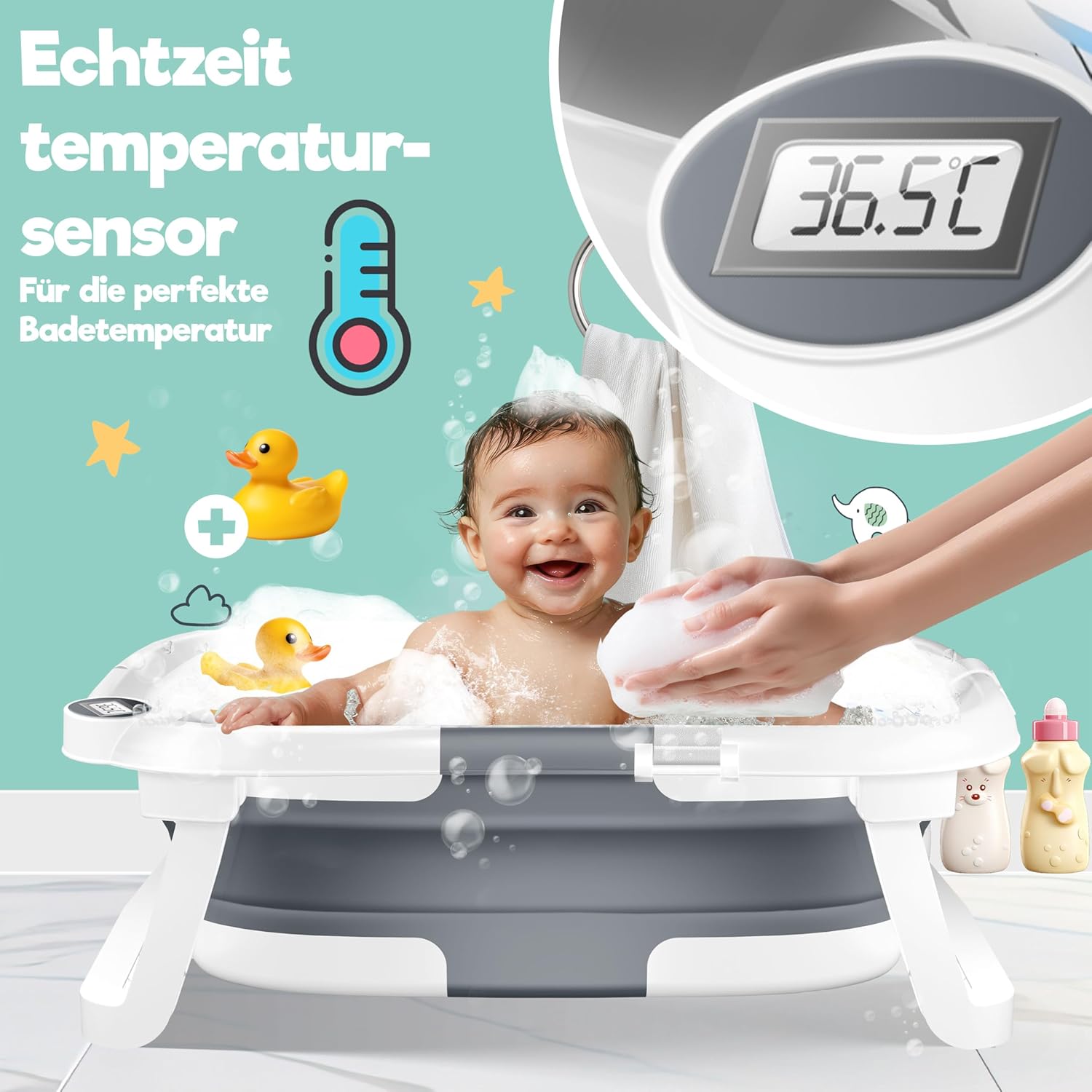 KIDIZ® Babybadje, ruimtebesparend en opvouwbaar, badje, douchebak voor pasgeborenen en peuters, 0-24 maanden, reisdouche, draagbaar, voor baby's, ergonomisch met thermostaat en kussen