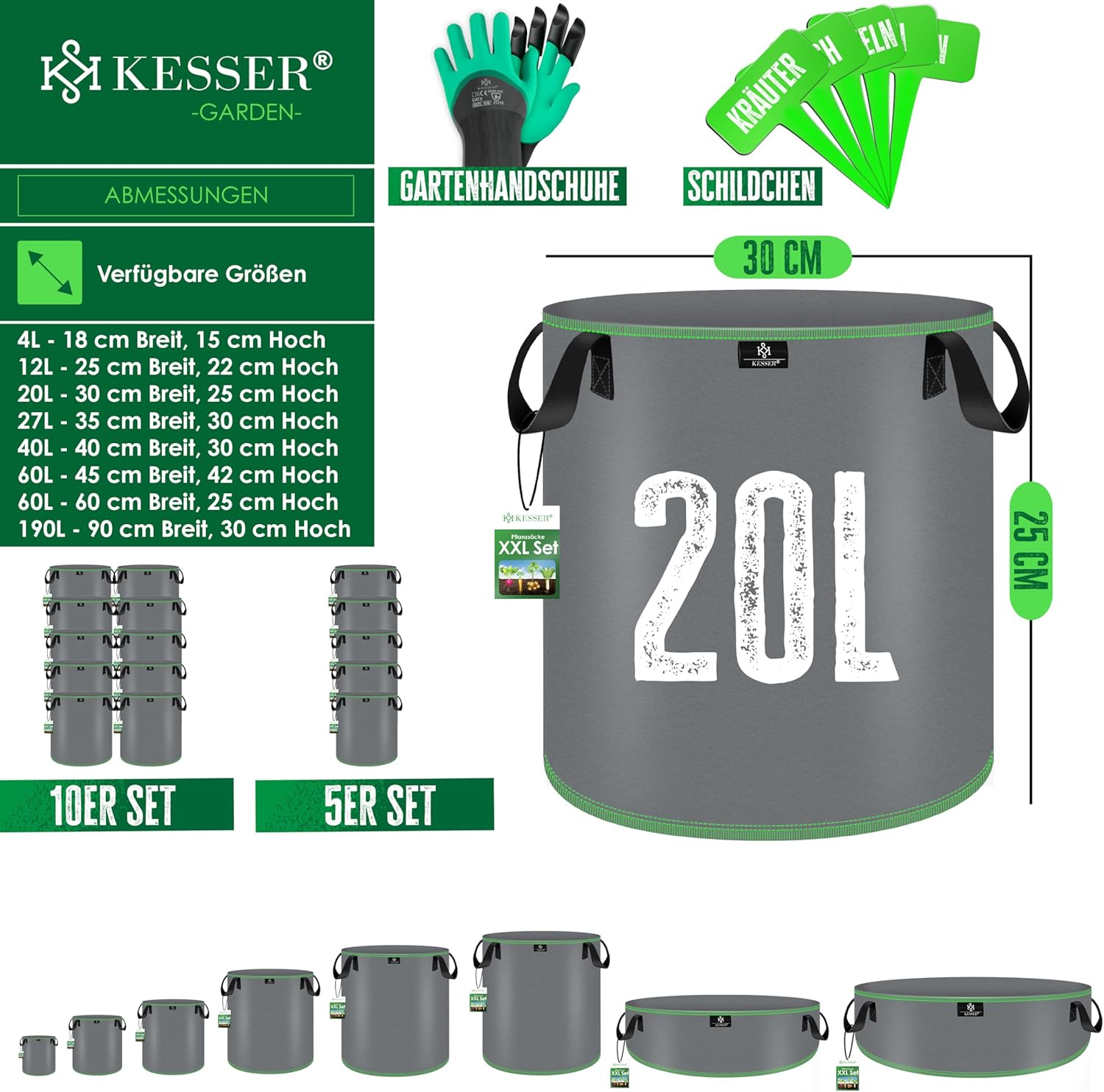 KESSER® 5x Plantenzak - 20L - Plantenzakken - Grijs