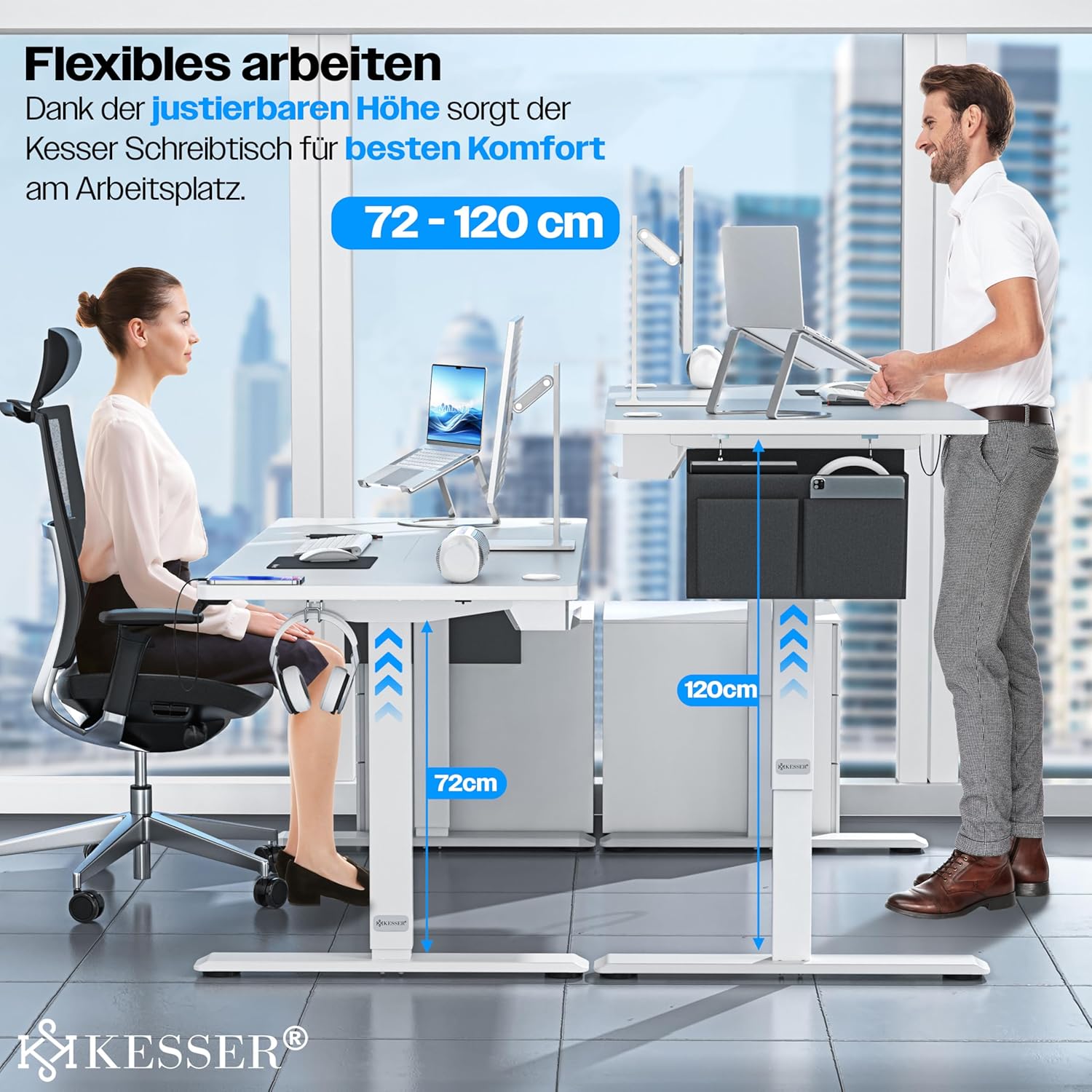 KESSER® In hoogte verstelbaar bureau elektrisch 120 cm x 60 cm | Ergonomisch sta-zit-bureau | 3-functie-geheugenbesturing | Incl. 360° wielen & USB-oplaadpoort computertafel voor thuiskantoor