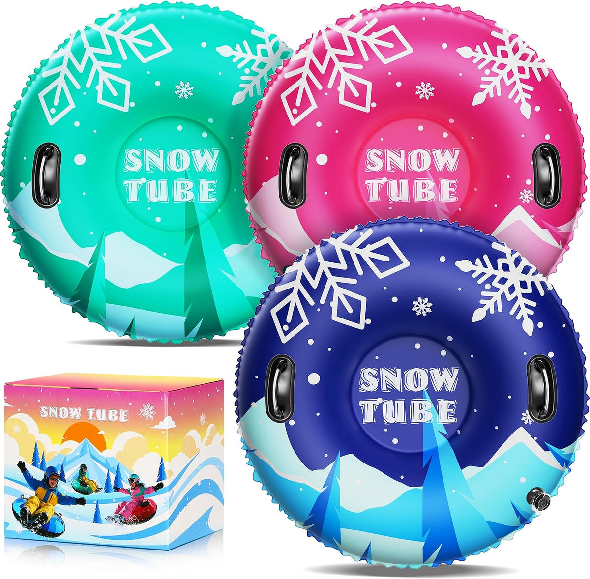 Set van 3 opblaasbare PVC-sneeuwbanden van 91 cm (36 inch) voor volwassenen en kinderen - Familie-sneeuwslee-set voor buiten in de winter met verdikte harde bodem en handvatten voor veilig winterplezier in de sneeuw.