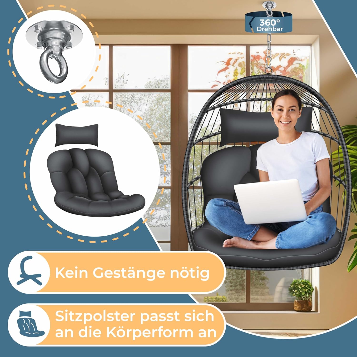 KESSER® Egg Hangstoel met Standaard - Tot 150kg - Antraciet