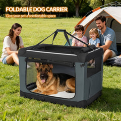 Hondenbox, opvouwbaar, draagbare en ademende 3-deurs hondentransportbox, opvouwbaar, met reflecterende versieringen en opbergtas, binnen en buiten, grijs, 106,7 x 71,2 x 71,2 cm