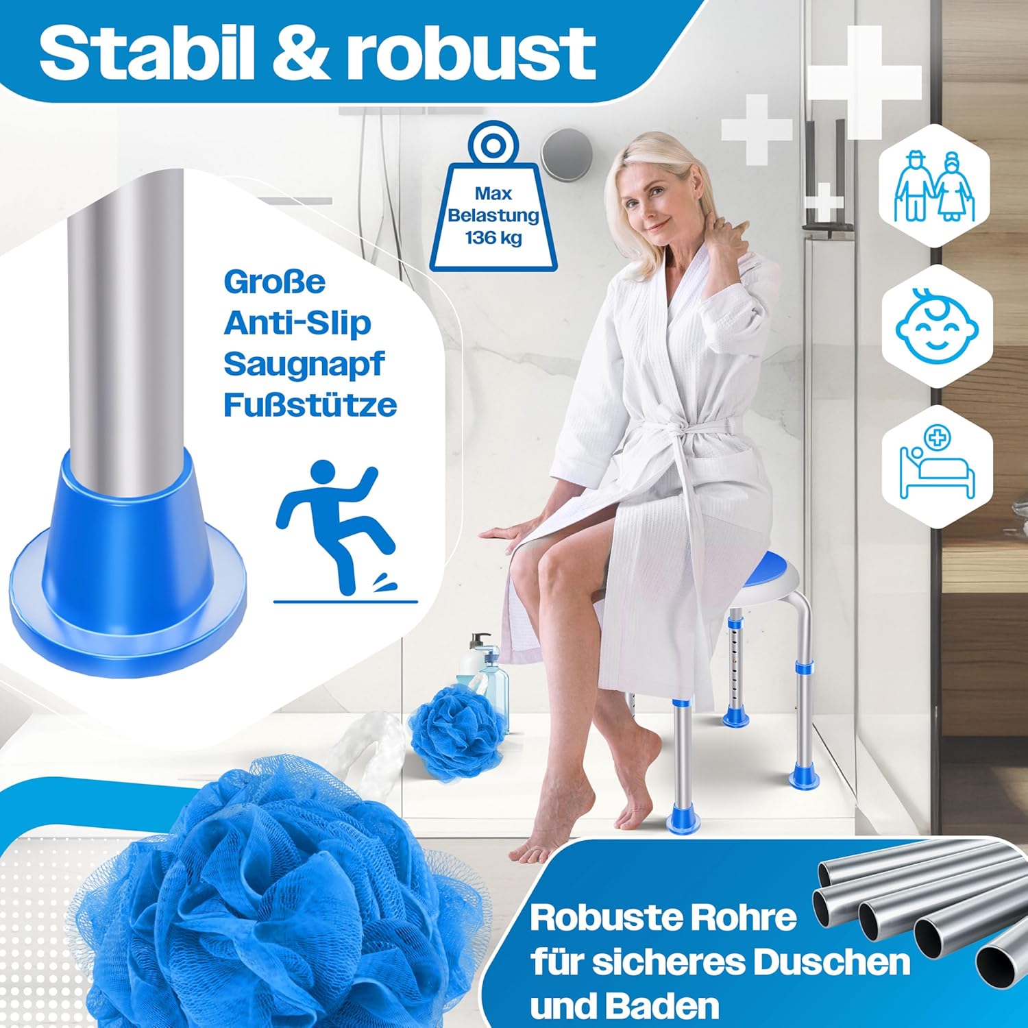 KESSER® Douchekruk - Douchestoel - Verstelbaar - Antislip - Blauw