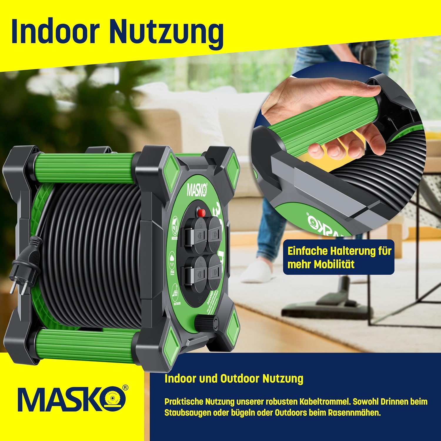 Masko® Kabelhaspel 20 m, verlengkabel met geaarde stopcontacten en wikkelgreep, outdoor kabelhaspel thermobescherming, apparaattrommel IP44, 1000 W ~ 3000 W, inclusief draaggreep en