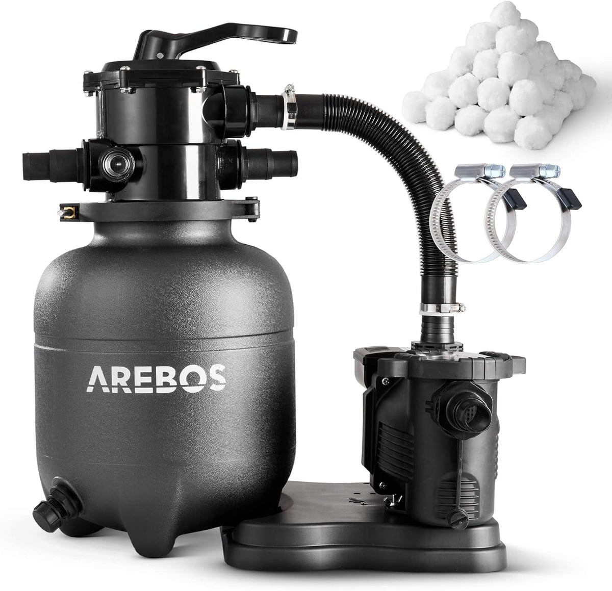 Arebos Zandfilterinstallatie met pomp incl. 600 g filterballen | 350 W | 9500 l/h | tankvolume tot 20 kg zand | 7-wegventiel met handgreep | met drukmanometer | zwembadfilter | zwart