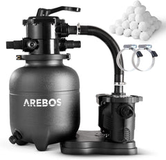 Arebos Zandfilterinstallatie met pomp incl. 600 g filterballen | 350 W | 9500 l/h | tankvolume tot 20 kg zand | 7-wegventiel met handgreep | met drukmanometer | zwembadfilter | zwart