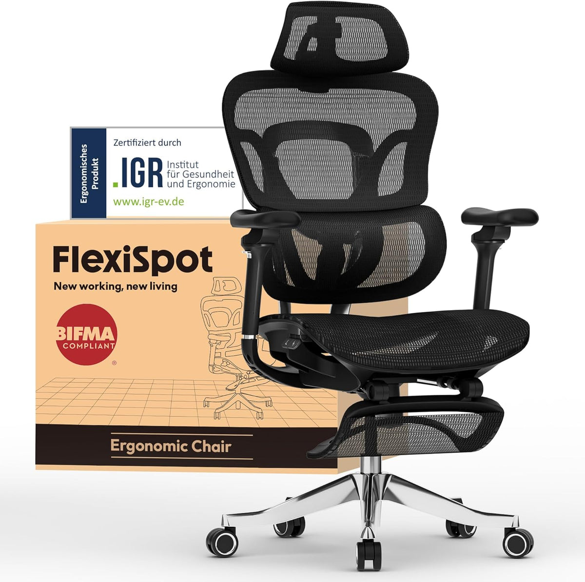 FLEXISPOT Ergonomische bureaustoel ErgoX Max zwart tot 300 kg, met 4D-hoofdsteun en 5D-armleuningen, eendelige rug- en lendensteun voor kantoor en gaming