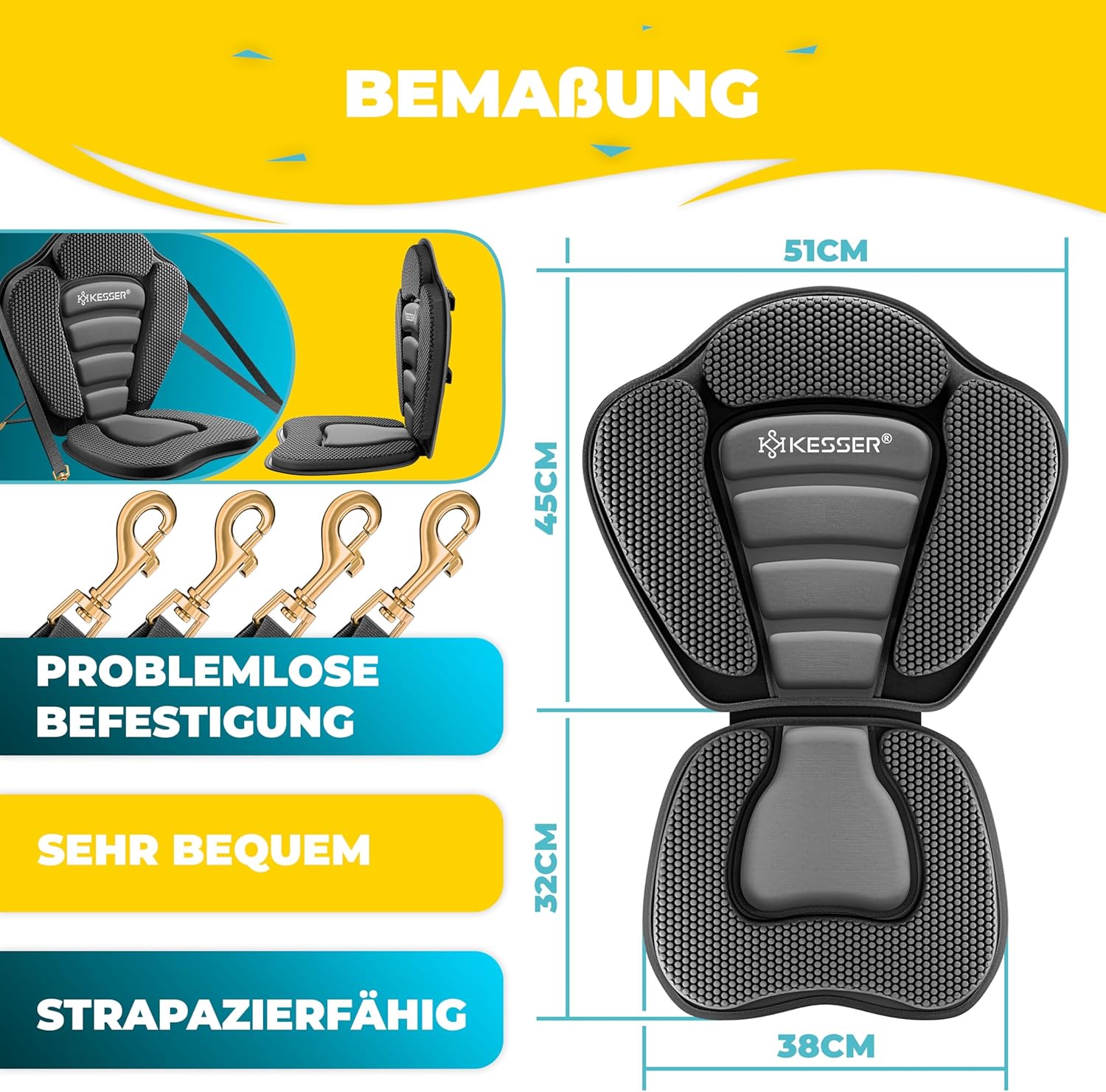 KESSER® Kajakzitting - voor SUP Board - 32x38cm - Rugleuning 51x45cm