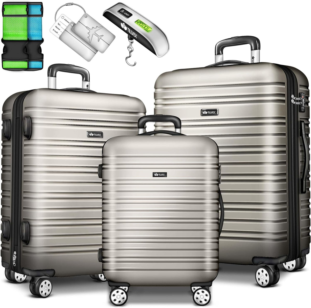 Kofferset - 3 delig - Trolley - Reiskofferset - Champagne - Tillvex®