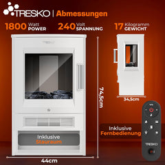 Sfeerhaard elektrisch - Elektrische haard - Met verwarming - 1800W - Wit - TRESKO