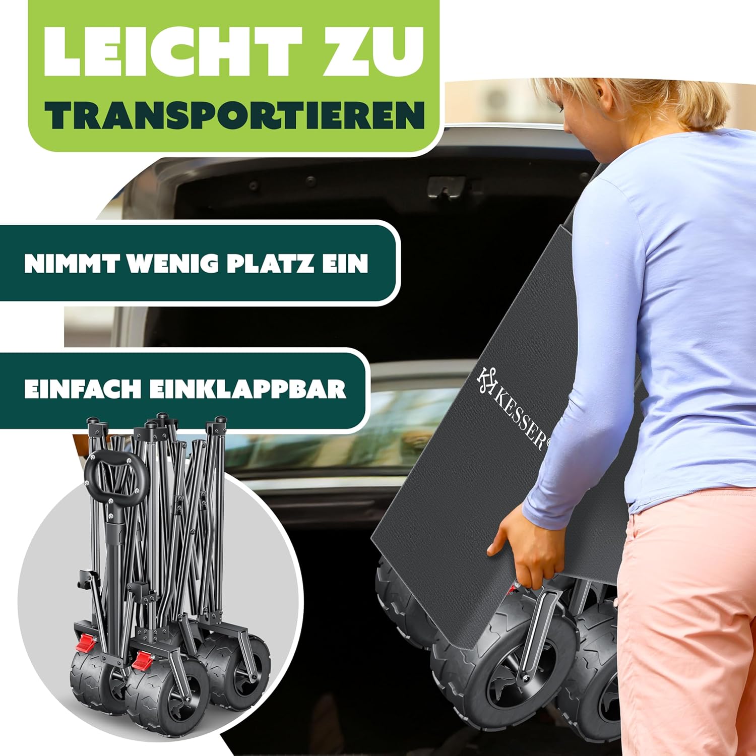 KESSER® Bolderkar, GTR9000, handwagen, 200 kg, 300 liter, opvouwbaar, brede 360° luchtwielen en parkeerremmen, weerbestendig, strandwagen, incl. afdekking, zijzak en bekerhouder