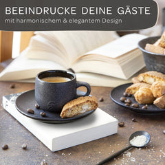 Steinzeit Design Espressokopjes (6 x 80 ml), set espressokopjes met bijpassende schoteltjes, espressokopjes van 100% handgemaakt, stapelbare mokkatassen in zwart